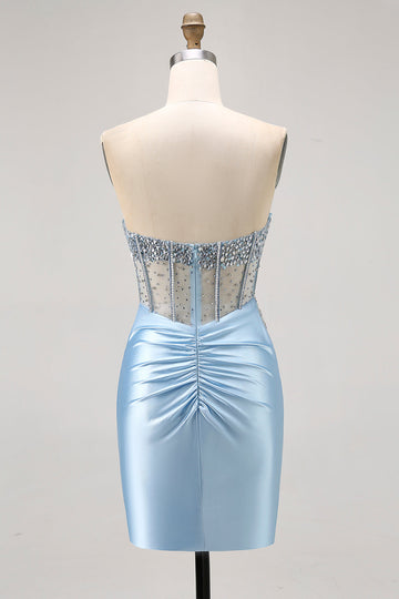 Blue Satin Tight Corset Strapless Homecoming Dress with Rhinestones